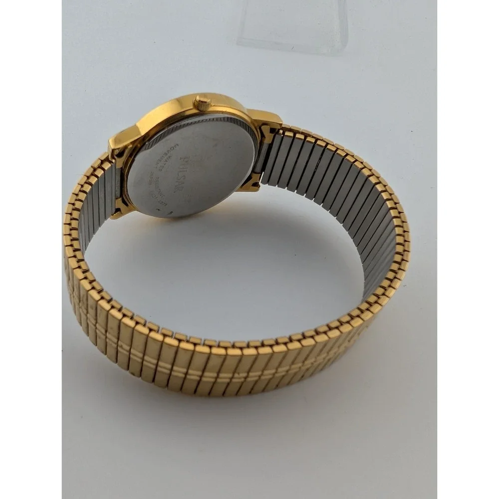 Vtg‎ Pulsar Watch Men 35mm Case Gold Stretch Band VX33-X079 New Battery